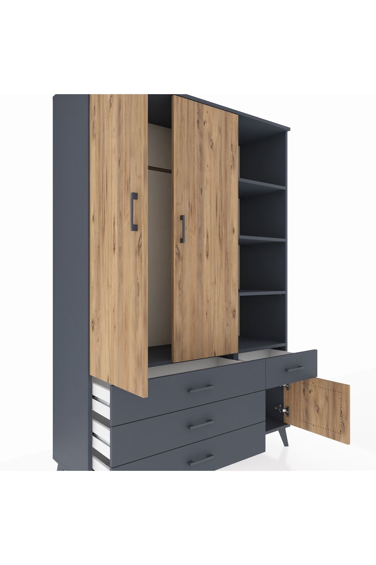 Hyperion Dolap 5 Raflı 4 Çekmeceli Tek Askılı 132x44x195 Antrasit-Çam/Antrasit