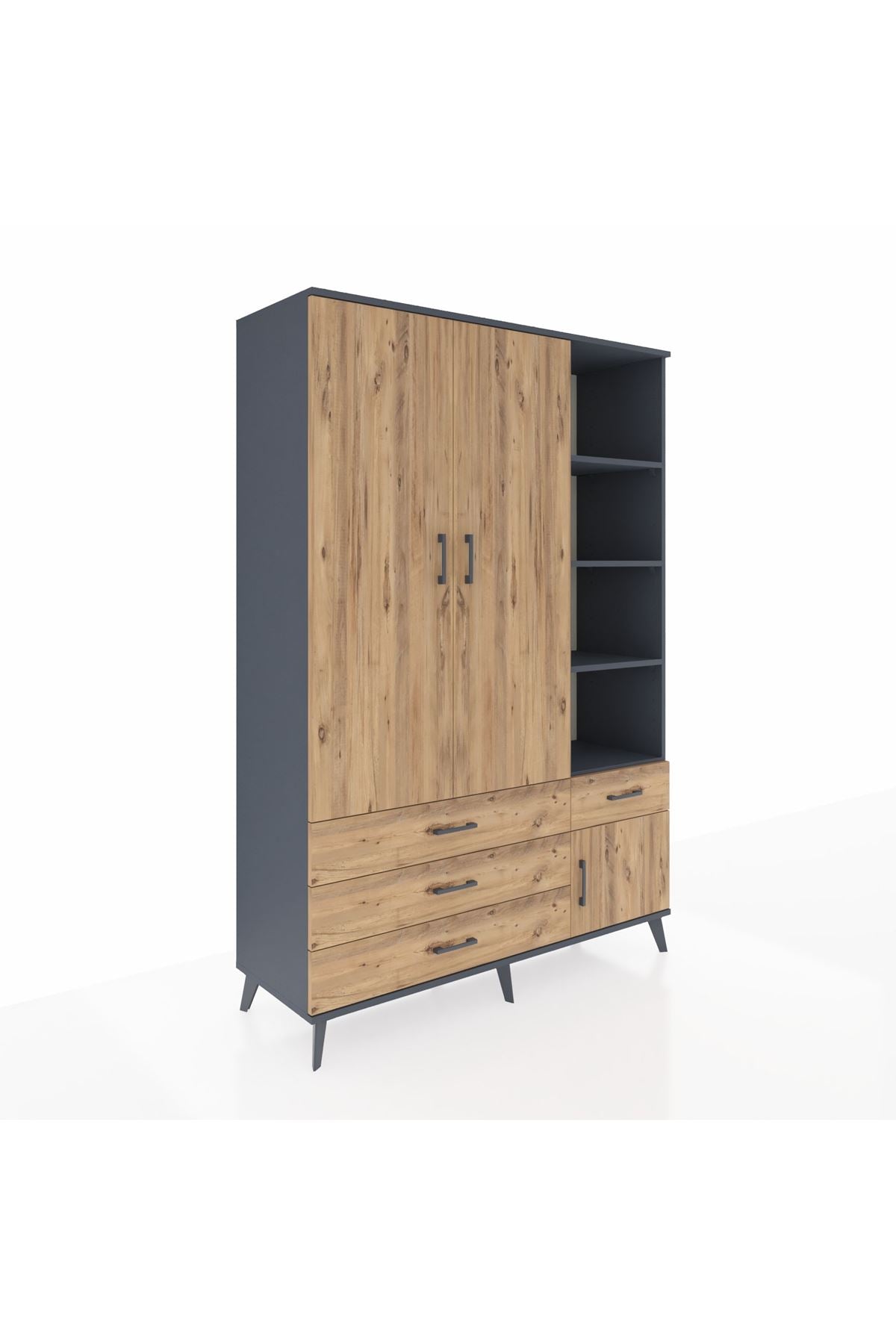 Hyperion Dolap 5 Raflı 4 Çekmeceli Tek Askılı 132x44x195 Antrasit-Çam/Çam