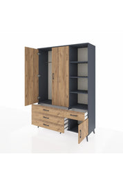 Hyperion Dolap 5 Raflı 4 Çekmeceli Tek Askılı 132x44x195 Antrasit-Çam/Çam