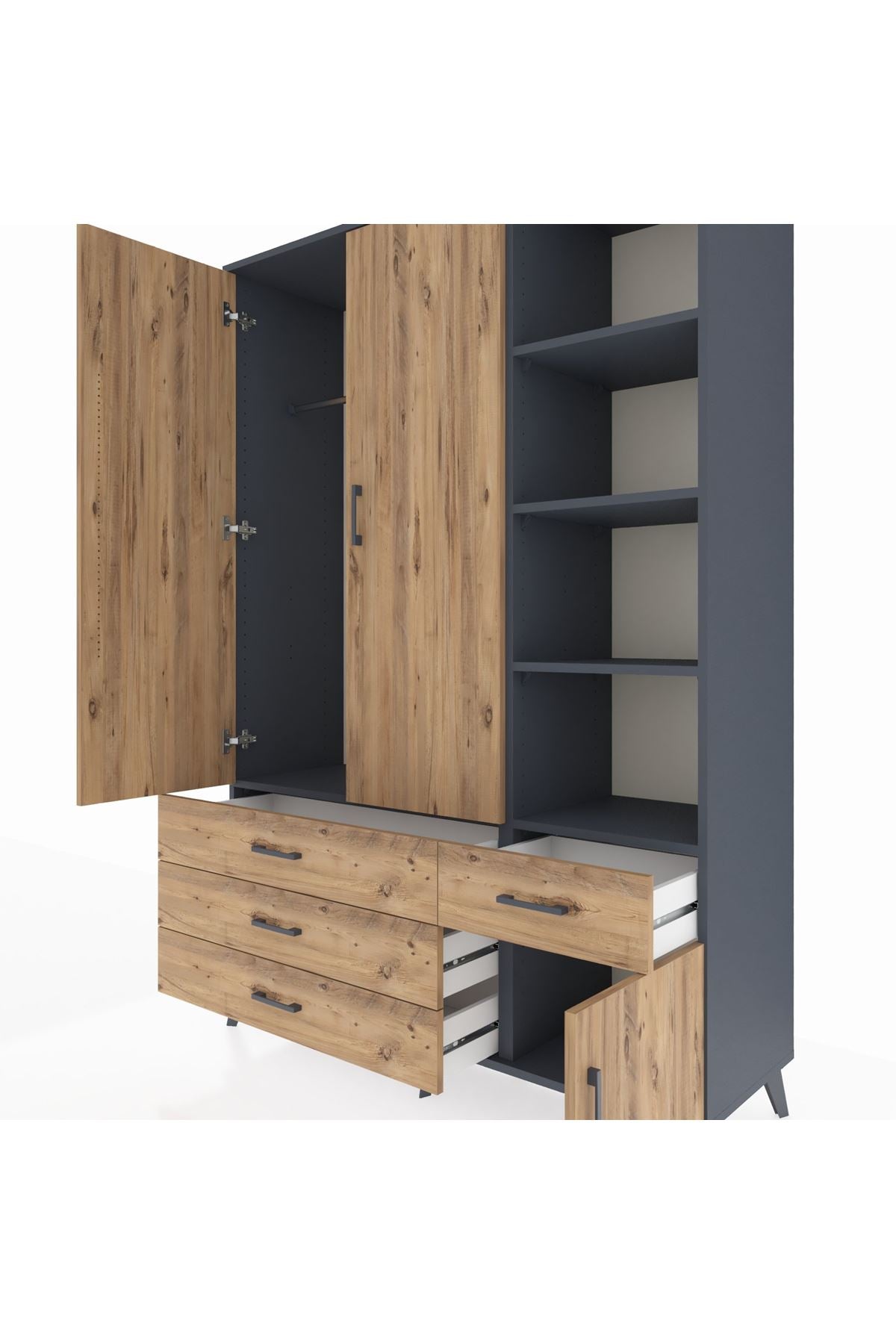 Hyperion Dolap 5 Raflı 4 Çekmeceli Tek Askılı 132x44x195 Antrasit-Çam/Çam