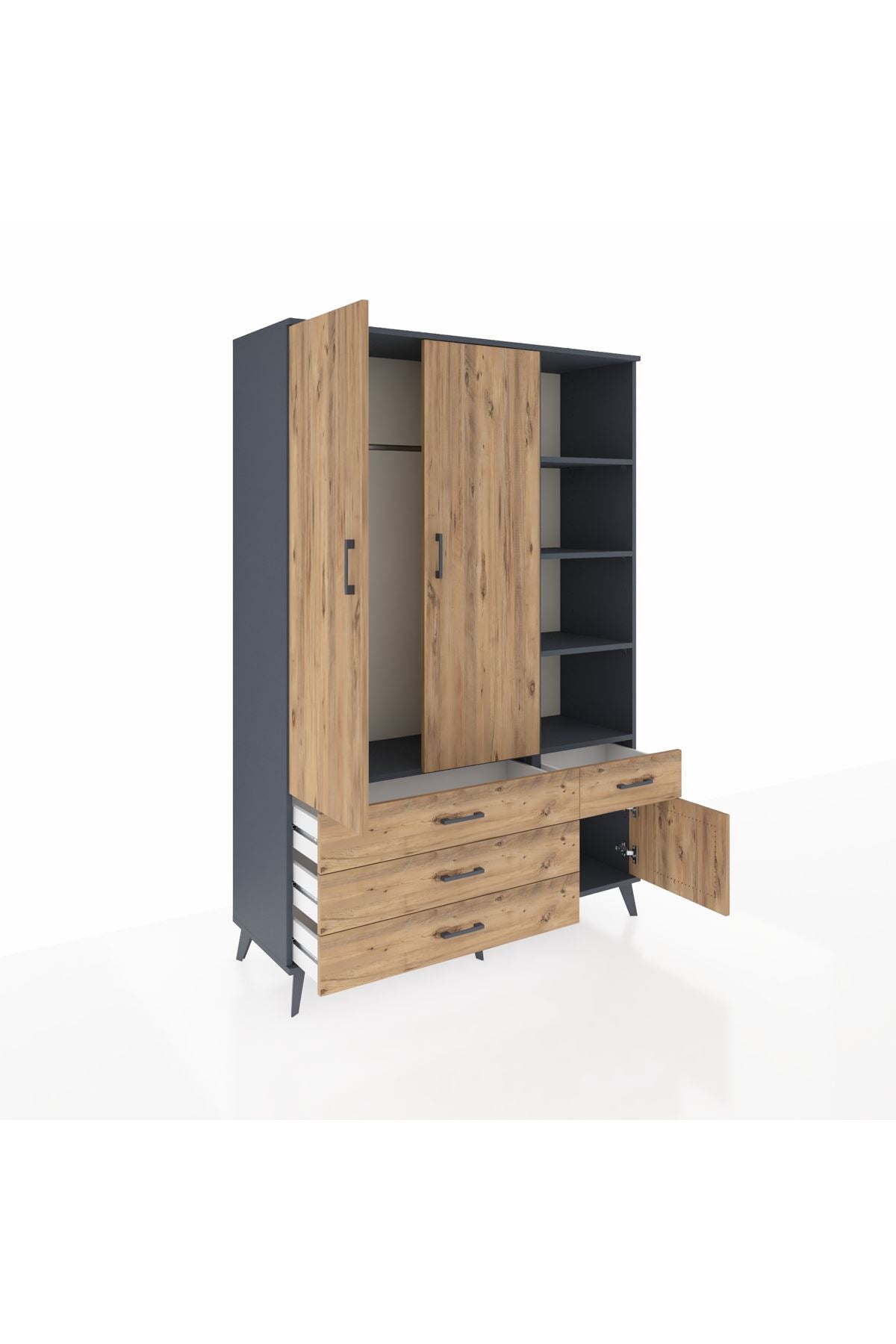 Hyperion Dolap 5 Raflı 4 Çekmeceli Tek Askılı 132x44x195 Antrasit-Çam/Çam