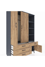 Hyperion Dolap 5 Raflı 4 Çekmeceli Tek Askılı 132x44x195 Antrasit-Çam/Çam