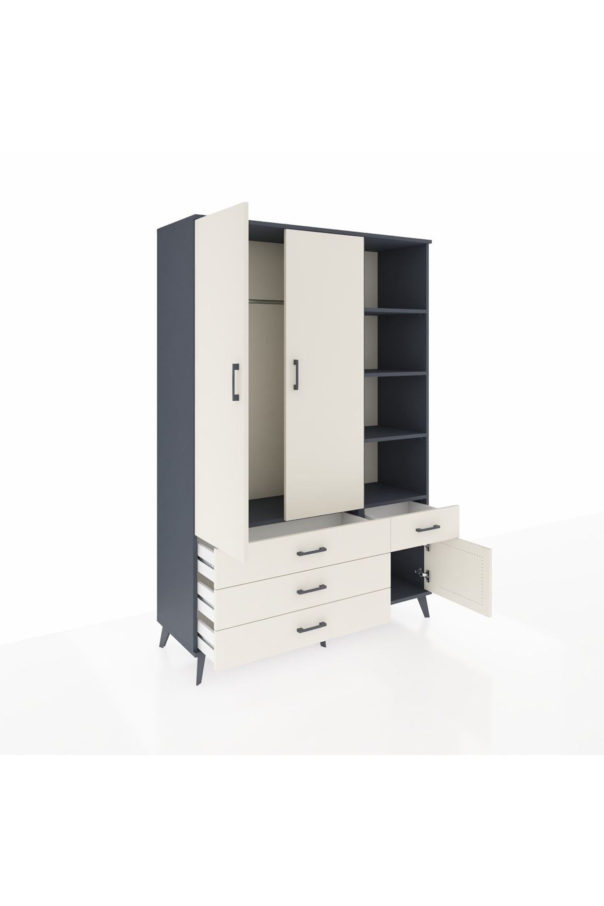 Hyperion Dolap 5 Raflı 4 Çekmeceli Tek Askılı 132x44x195 Antrasit-Aytaşı/Aytaşı