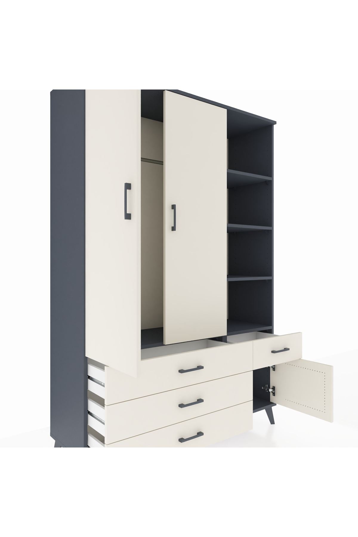 Hyperion Dolap 5 Raflı 4 Çekmeceli Tek Askılı 132x44x195 Antrasit-Aytaşı/Aytaşı