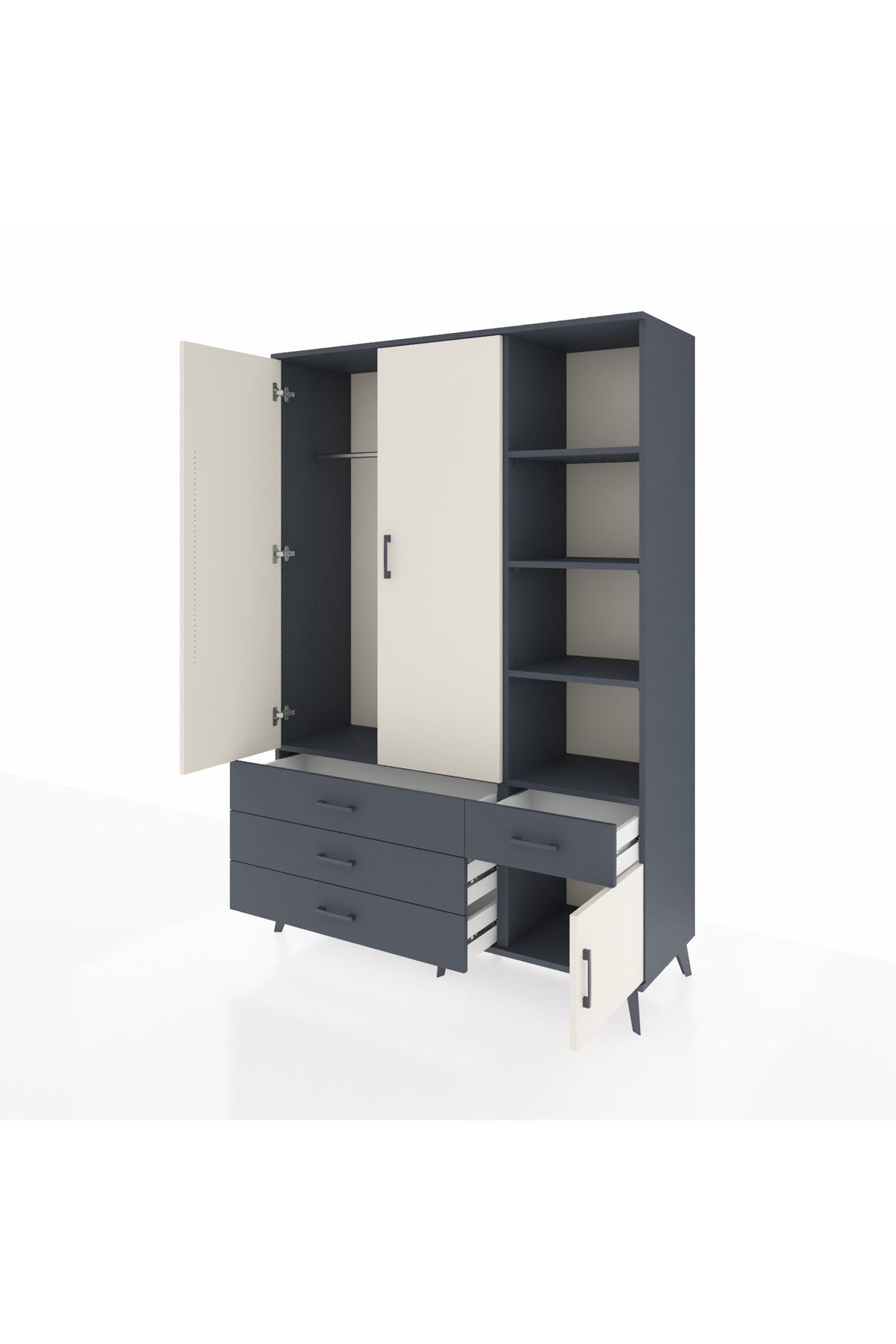 Hyperion Dolap 5 Raflı 4 Çekmeceli Tek Askılı 132x44x195 Antrasit-Aytaşı/Antrasit