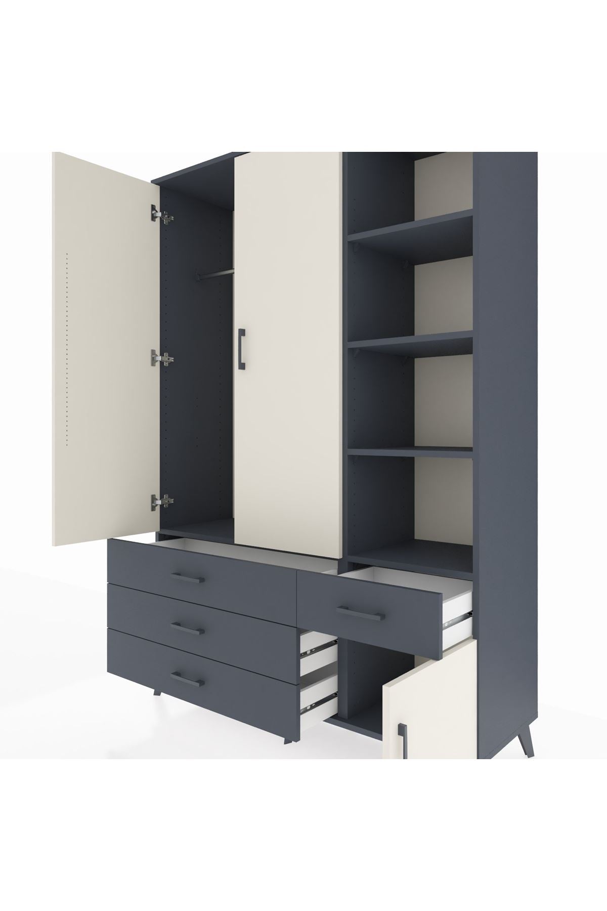 Hyperion Dolap 5 Raflı 4 Çekmeceli Tek Askılı 132x44x195 Antrasit-Aytaşı/Antrasit
