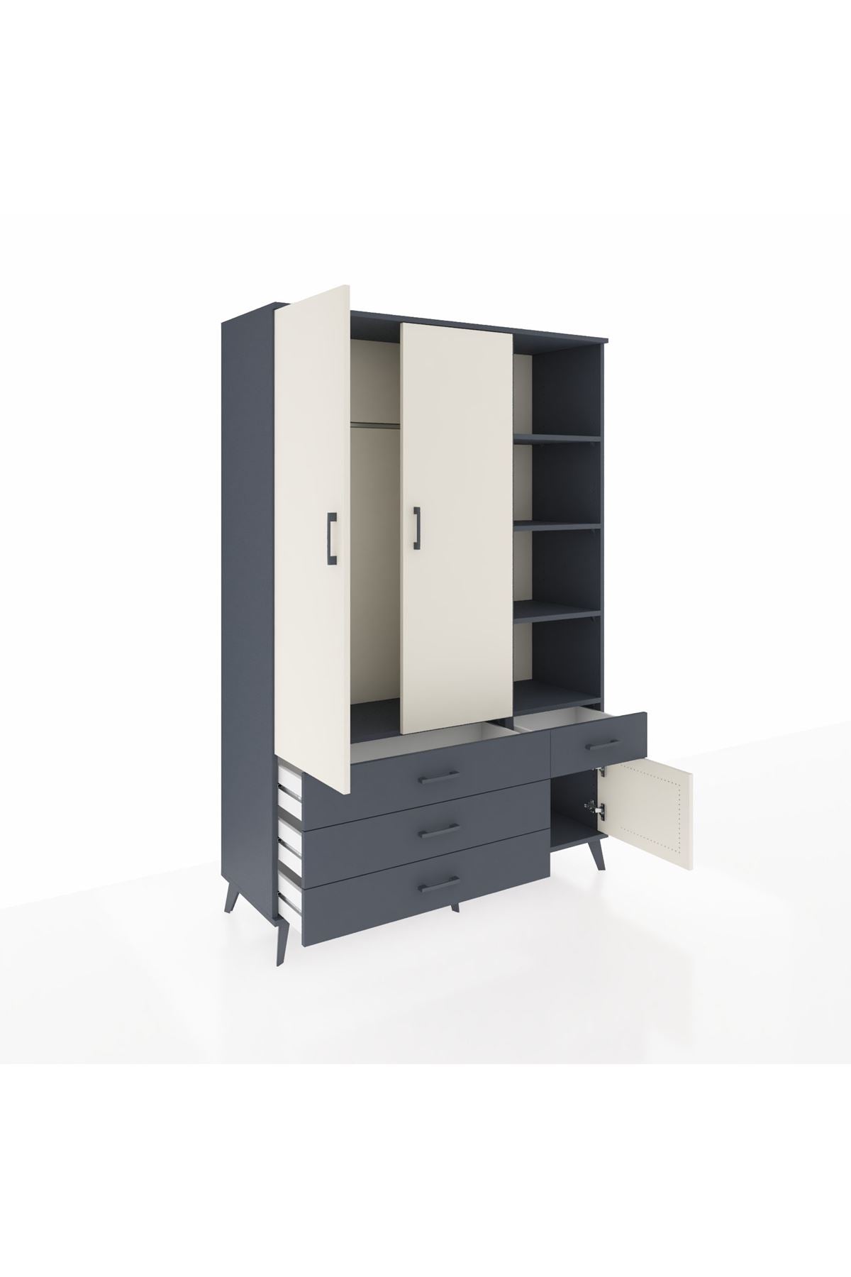 Hyperion Dolap 5 Raflı 4 Çekmeceli Tek Askılı 132x44x195 Antrasit-Aytaşı/Antrasit