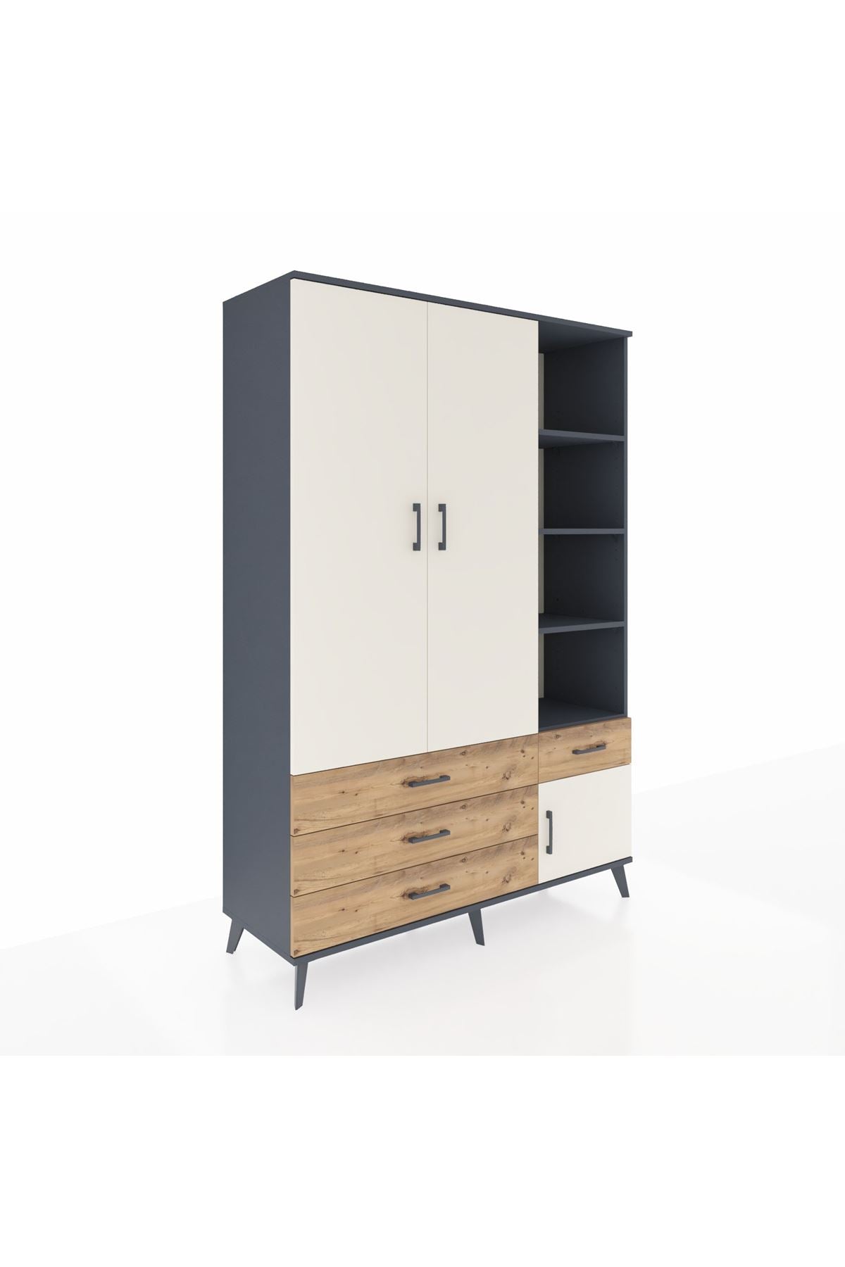 Hyperion Dolap 5 Raflı 4 Çekmeceli Tek Askılı 132x44x195 Antrasit-Aytaşı/Çam