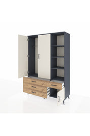 Hyperion Dolap 5 Raflı 4 Çekmeceli Tek Askılı 132x44x195 Antrasit-Aytaşı/Çam