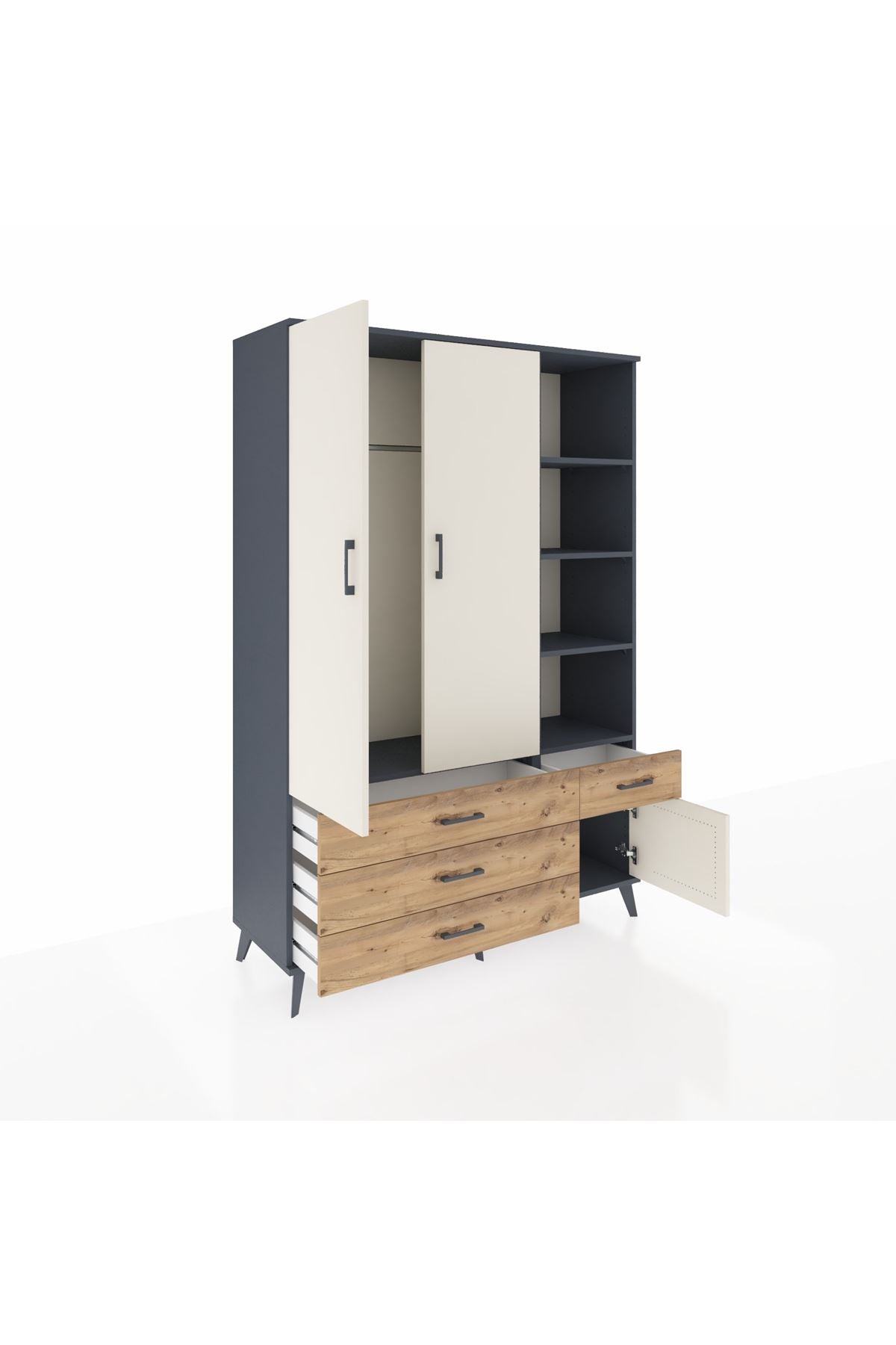 Hyperion Dolap 5 Raflı 4 Çekmeceli Tek Askılı 132x44x195 Antrasit-Aytaşı/Çam