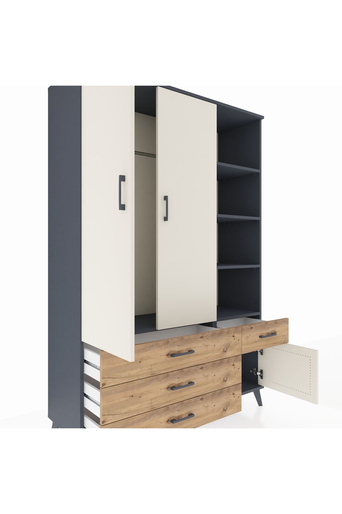 Hyperion Dolap 5 Raflı 4 Çekmeceli Tek Askılı 132x44x195 Antrasit-Aytaşı/Çam