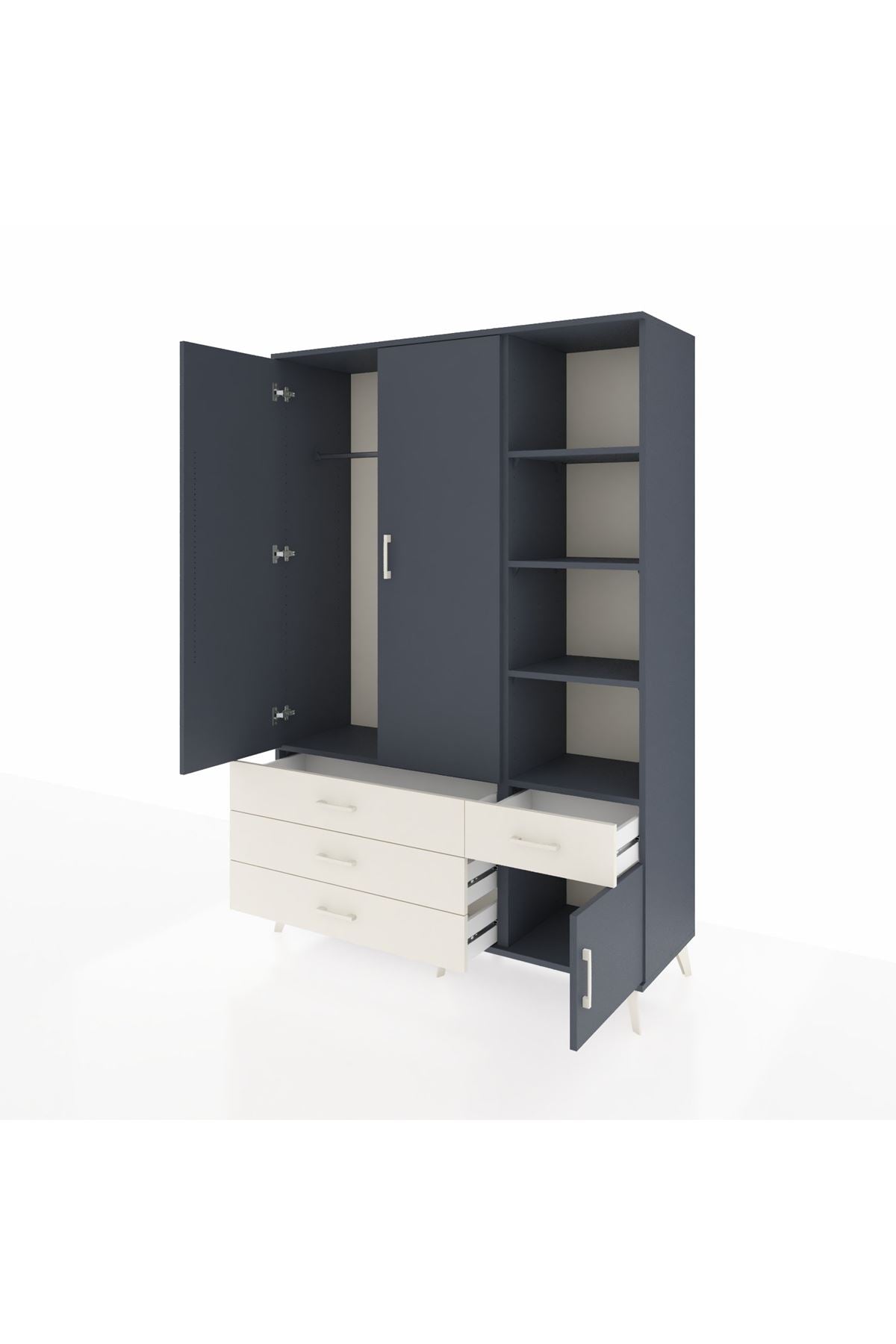 Hyperion Dolap 5 Raflı 4 Çekmeceli Tek Askılı 132x44x195 Antrasit-Antrasit/Aytaşı