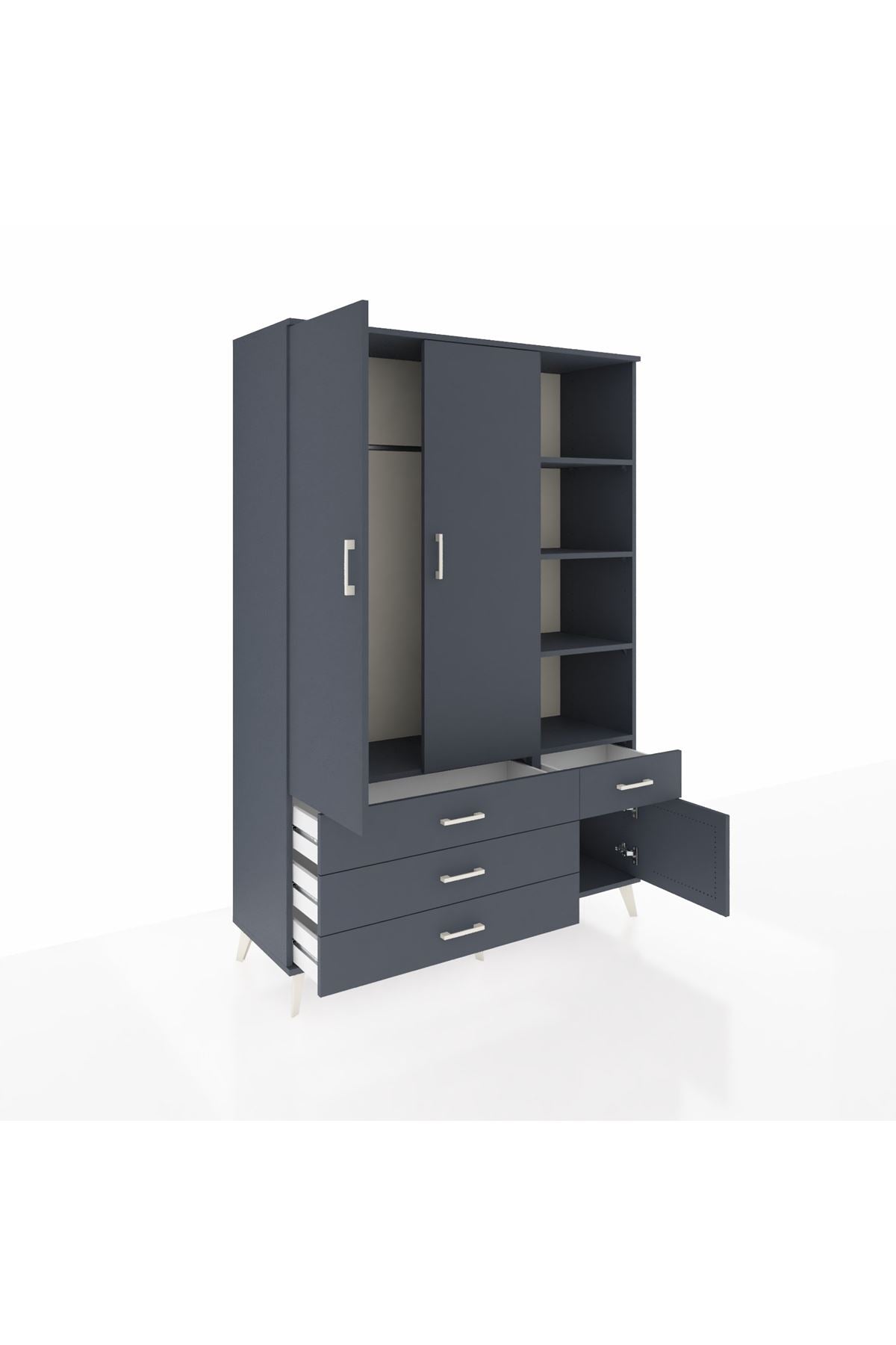 Hyperion Dolap 5 Raflı 4 Çekmeceli Tek Askılı 132x44x195 Antrasit-Antrasit/Antrasit