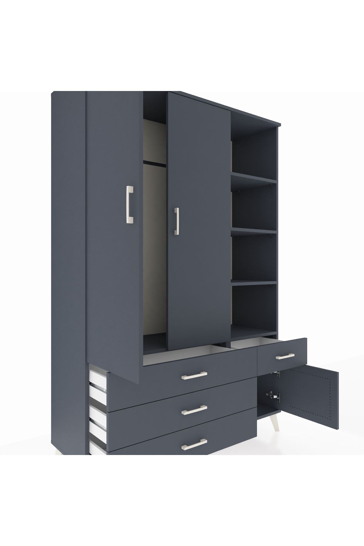 Hyperion Dolap 5 Raflı 4 Çekmeceli Tek Askılı 132x44x195 Antrasit-Antrasit/Antrasit