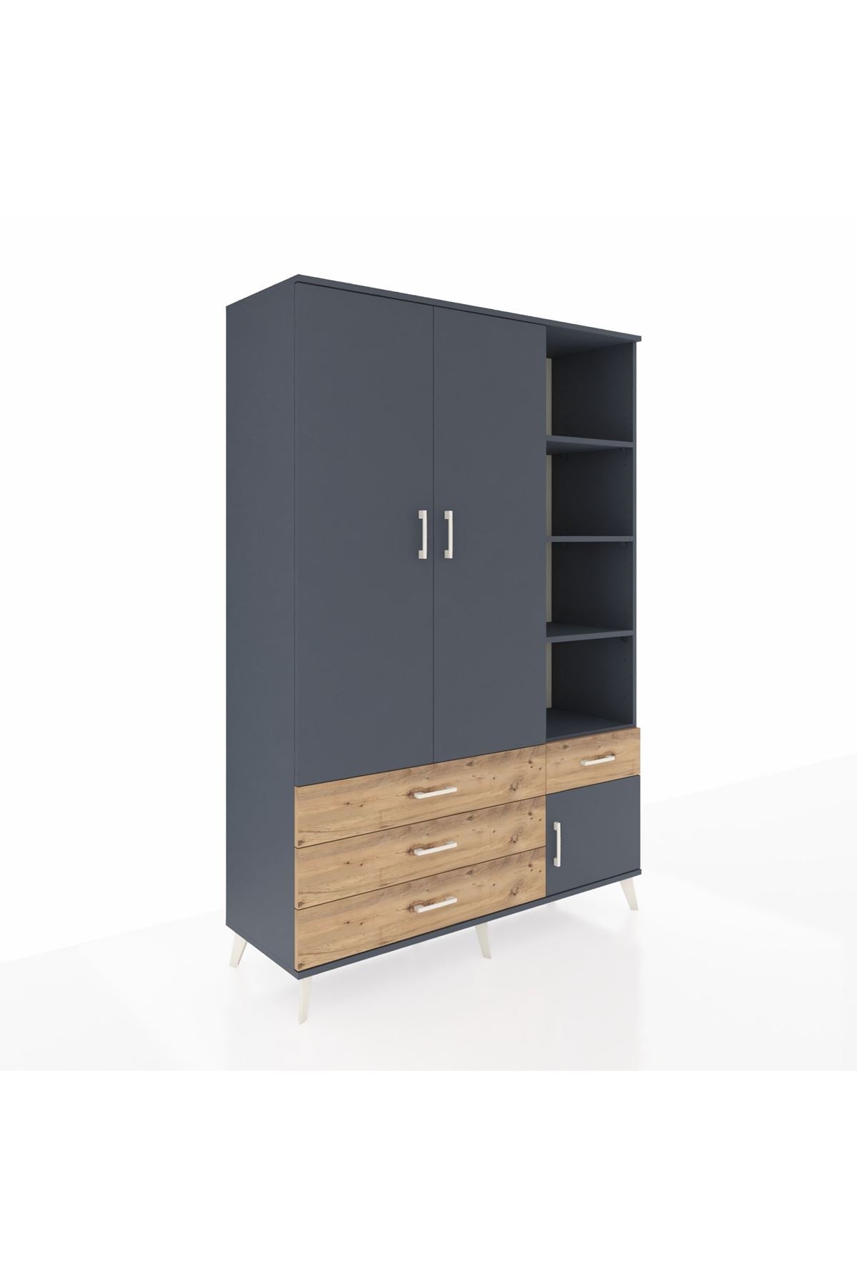 Hyperion Dolap 5 Raflı 4 Çekmeceli Tek Askılı 132x44x195 Antrasit-Antrasit/Çam