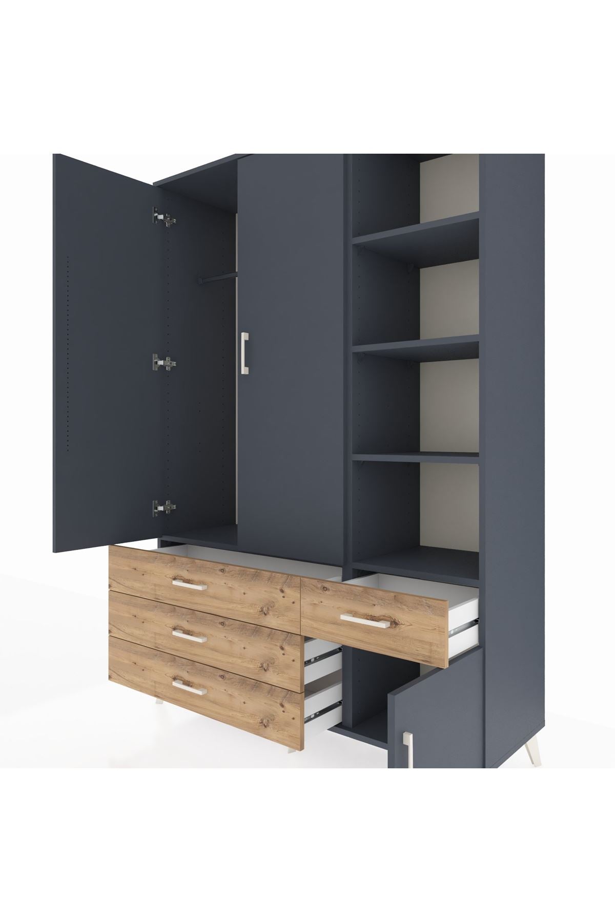 Hyperion Dolap 5 Raflı 4 Çekmeceli Tek Askılı 132x44x195 Antrasit-Antrasit/Çam