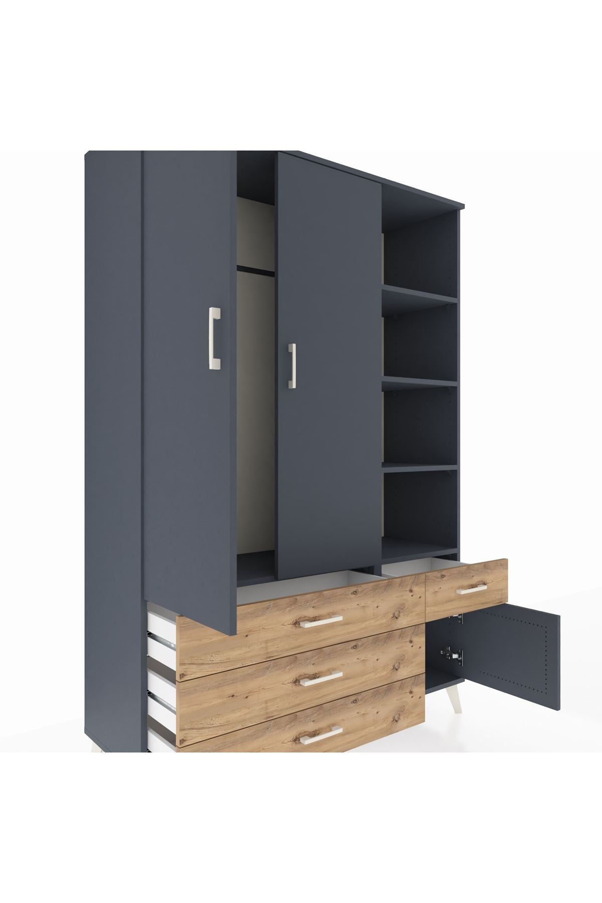 Hyperion Dolap 5 Raflı 4 Çekmeceli Tek Askılı 132x44x195 Antrasit-Antrasit/Çam