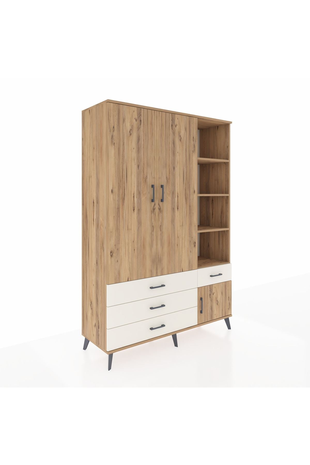 Hyperion Dolap 5 Raflı 4 Çekmeceli Tek Askılı 132x44x195 Çam-Çam/Aytaşı