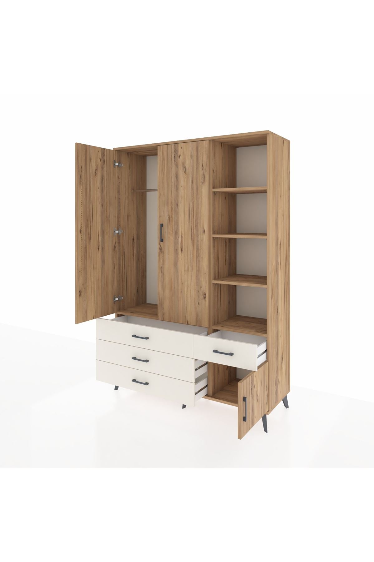 Hyperion Dolap 5 Raflı 4 Çekmeceli Tek Askılı 132x44x195 Çam-Çam/Aytaşı