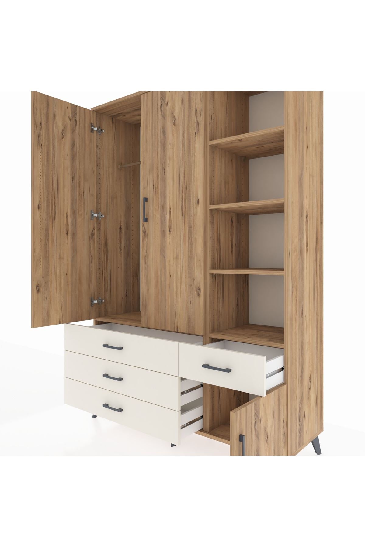 Hyperion Dolap 5 Raflı 4 Çekmeceli Tek Askılı 132x44x195 Çam-Çam/Aytaşı