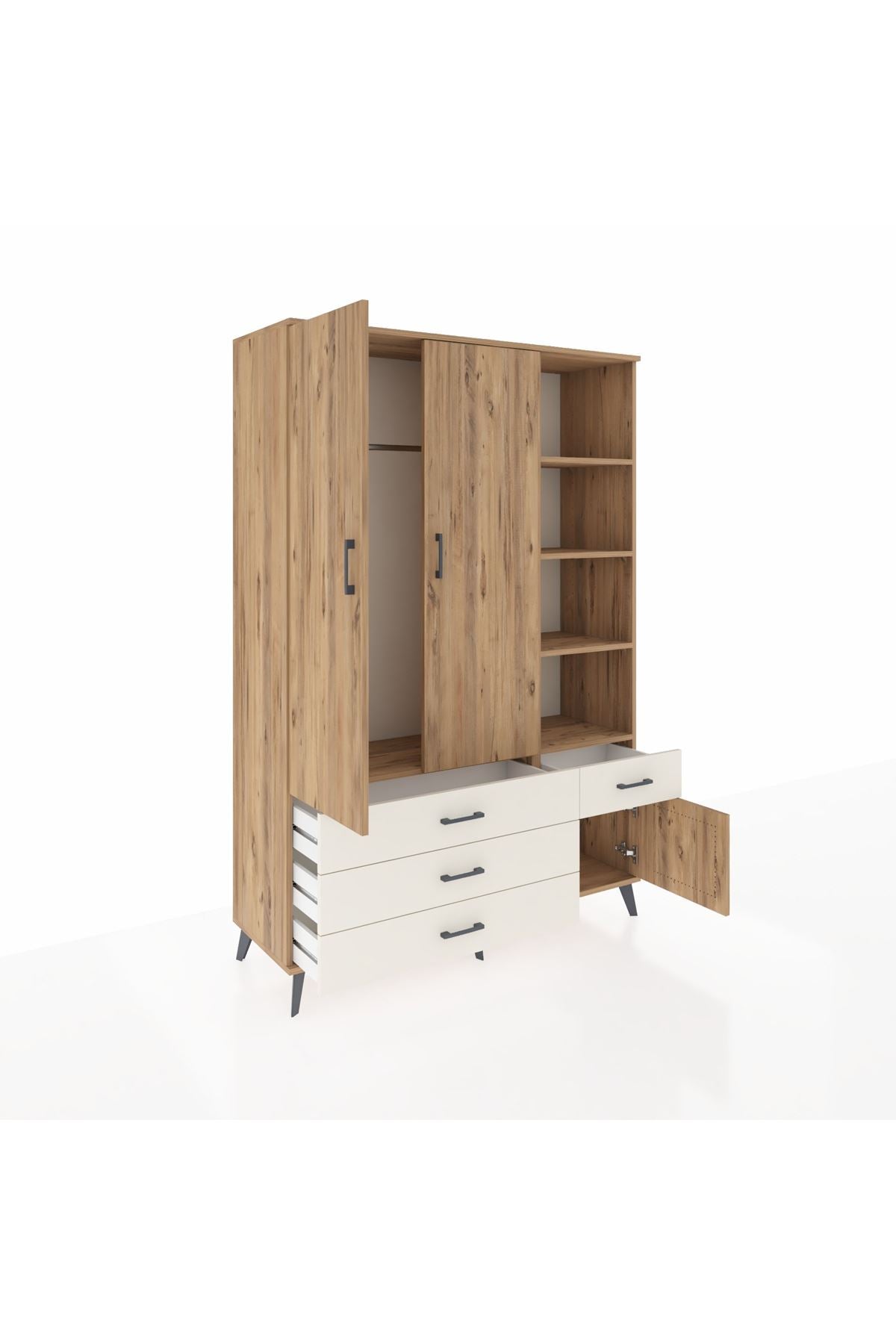 Hyperion Dolap 5 Raflı 4 Çekmeceli Tek Askılı 132x44x195 Çam-Çam/Aytaşı