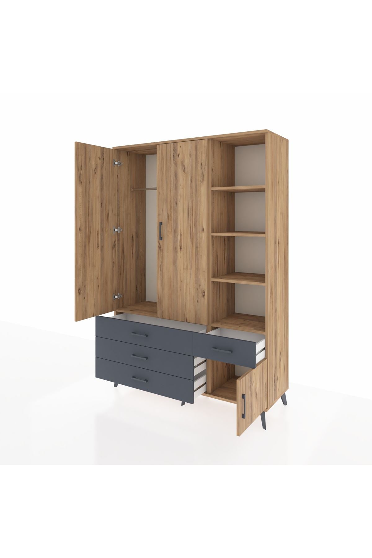 Hyperion Dolap 5 Raflı 4 Çekmeceli Tek Askılı 132x44x195 Çam-Çam/Antrasit