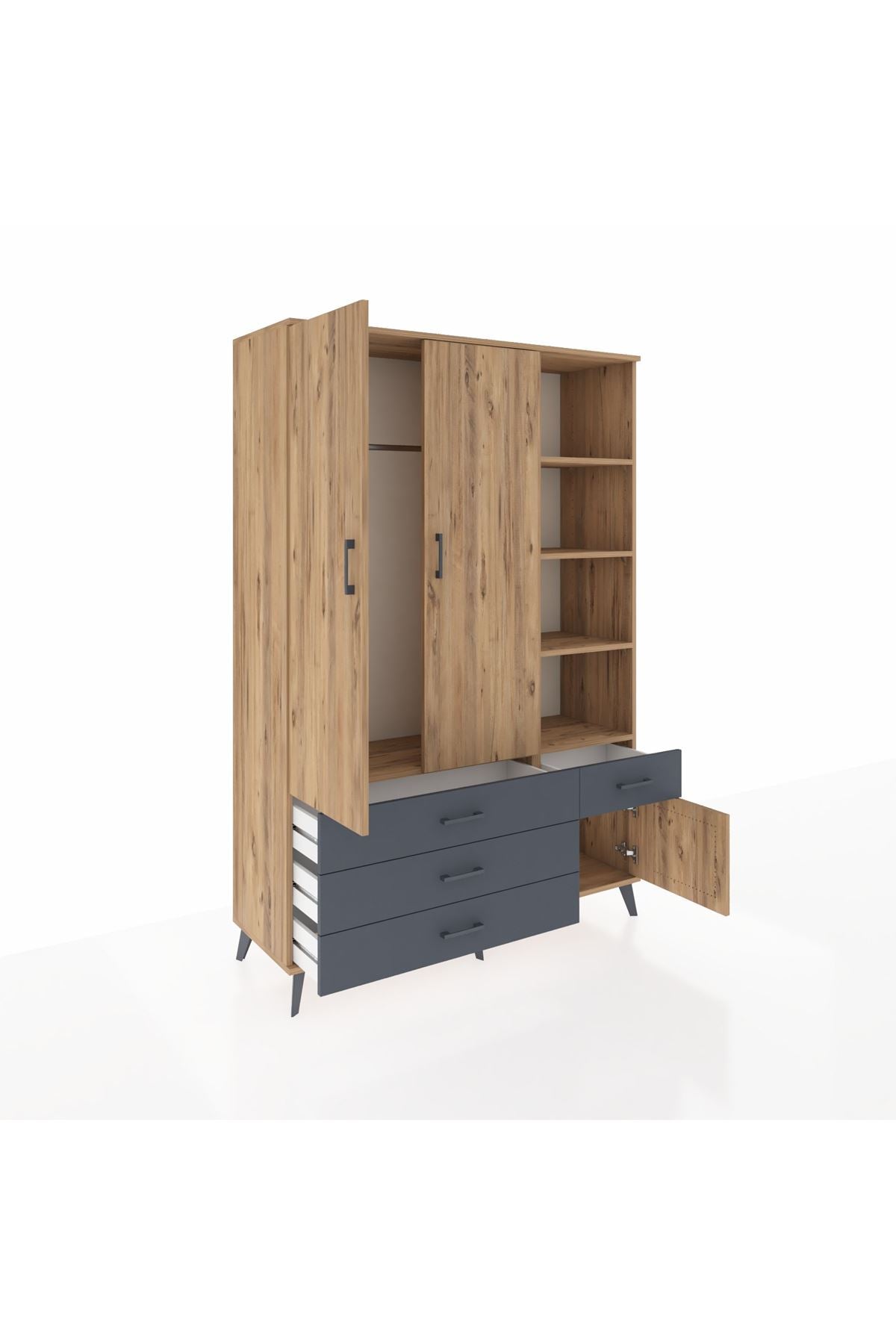 Hyperion Dolap 5 Raflı 4 Çekmeceli Tek Askılı 132x44x195 Çam-Çam/Antrasit