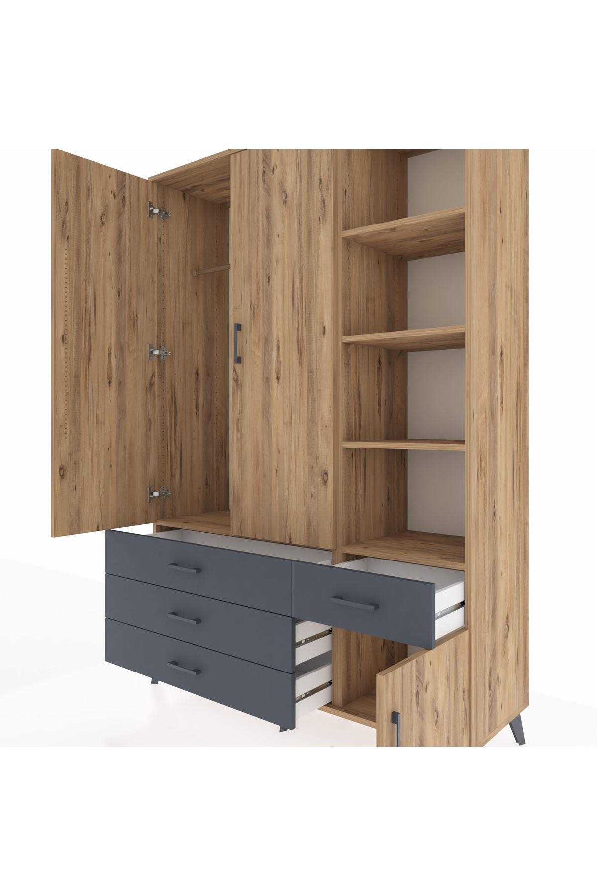 Hyperion Dolap 5 Raflı 4 Çekmeceli Tek Askılı 132x44x195 Çam-Çam/Antrasit