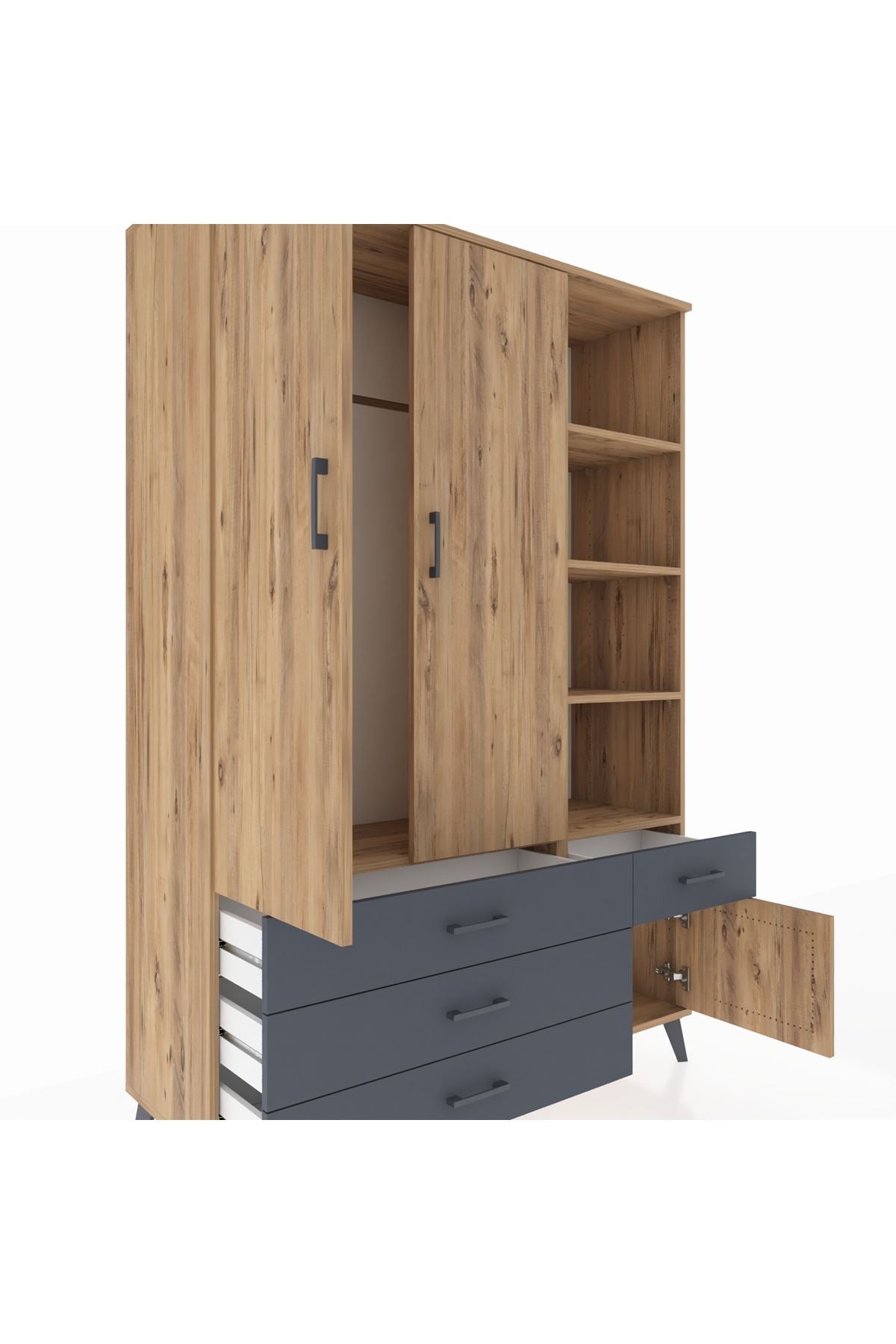Hyperion Dolap 5 Raflı 4 Çekmeceli Tek Askılı 132x44x195 Çam-Çam/Antrasit