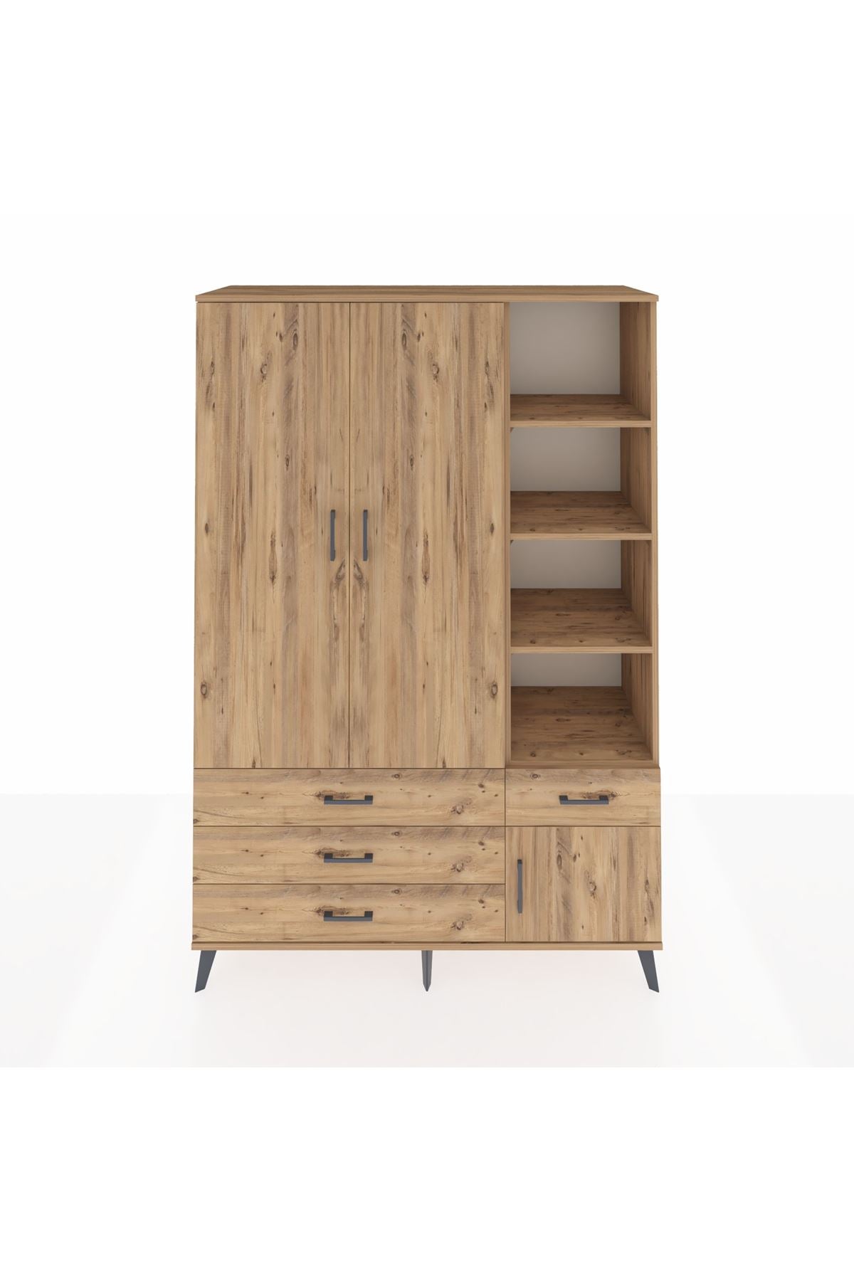 Hyperion Dolap 5 Raflı 4 Çekmeceli Tek Askılı 132x44x195 Çam-Çam/Çam