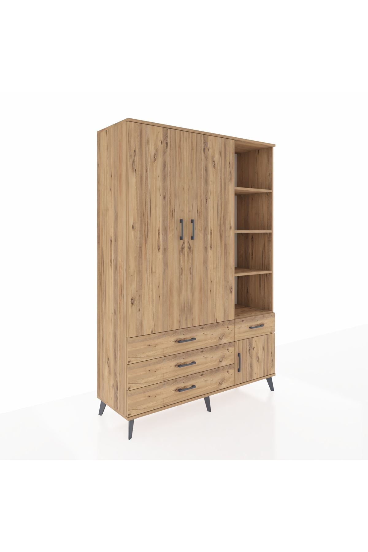 Hyperion Dolap 5 Raflı 4 Çekmeceli Tek Askılı 132x44x195 Çam-Çam/Çam