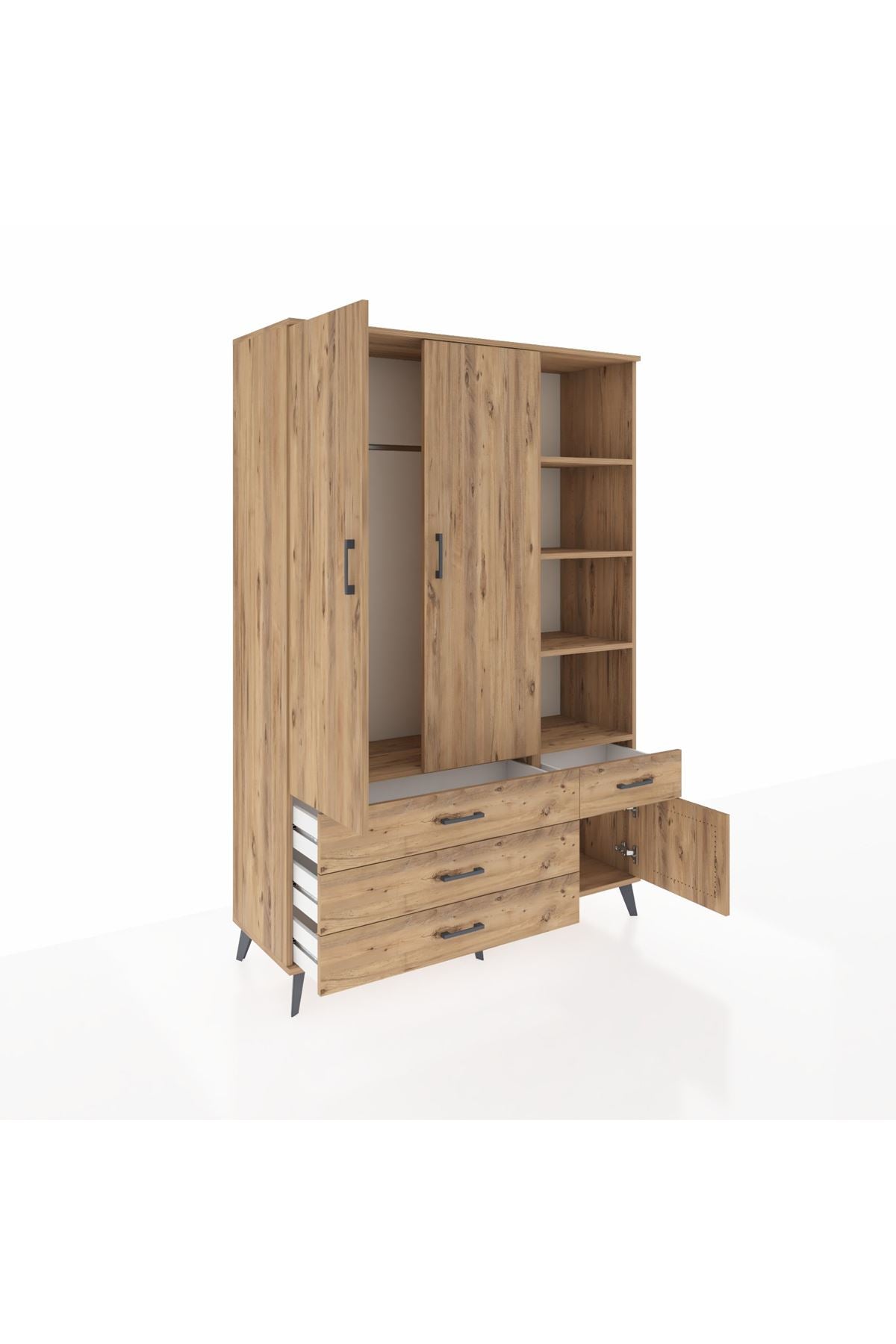 Hyperion Dolap 5 Raflı 4 Çekmeceli Tek Askılı 132x44x195 Çam-Çam/Çam