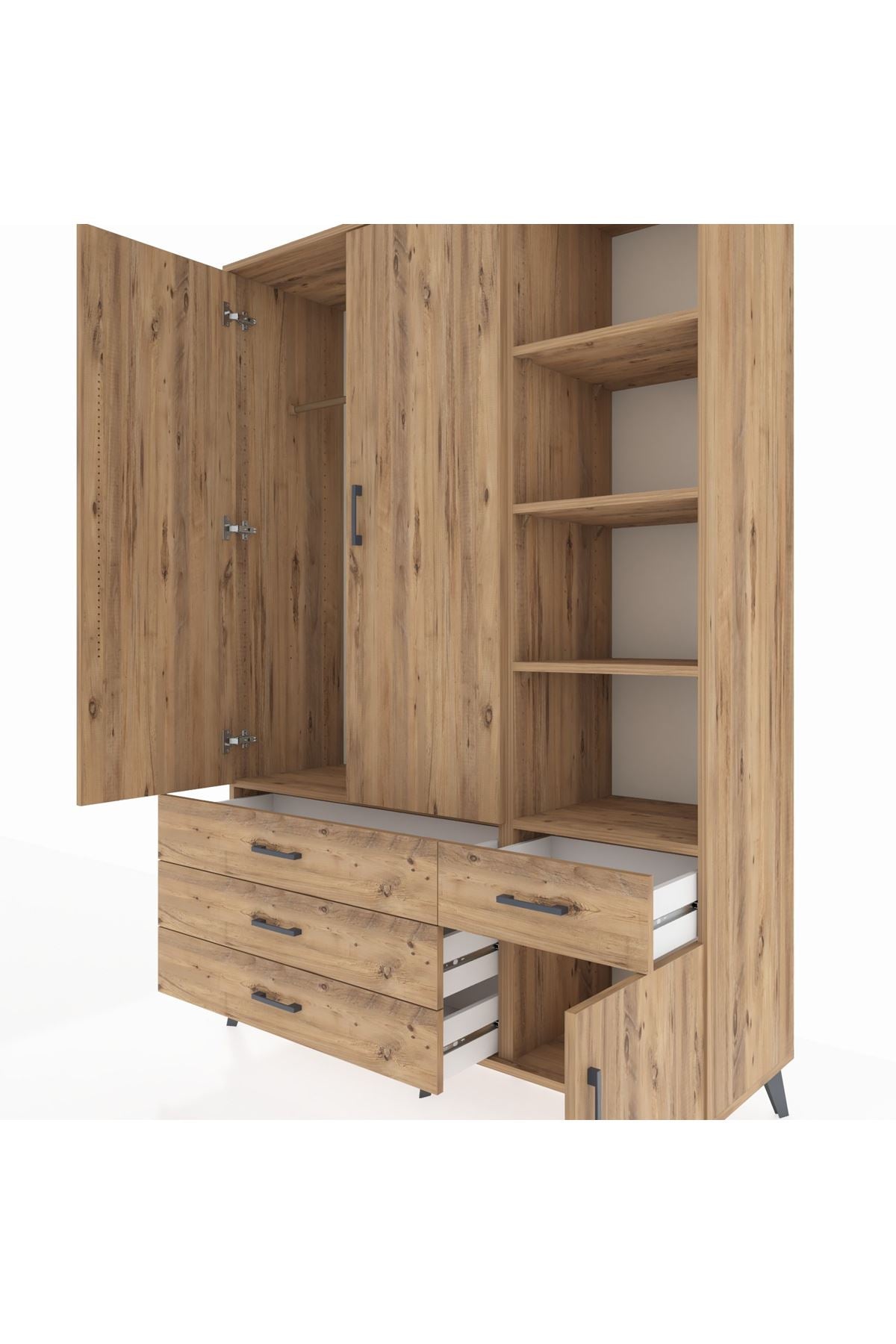 Hyperion Dolap 5 Raflı 4 Çekmeceli Tek Askılı 132x44x195 Çam-Çam/Çam