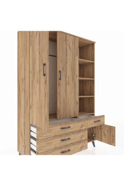 Hyperion Dolap 5 Raflı 4 Çekmeceli Tek Askılı 132x44x195 Çam-Çam/Çam