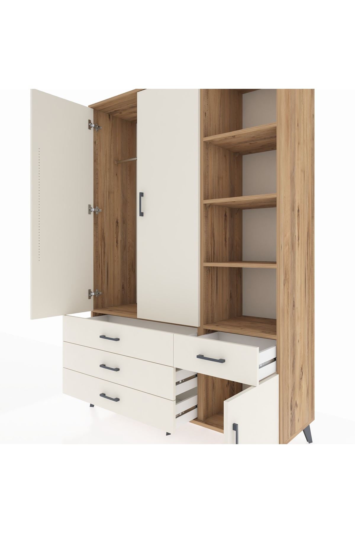 Hyperion Dolap 5 Raflı 4 Çekmeceli Tek Askılı 132x44x195 Çam-Aytaşı/Aytaşı