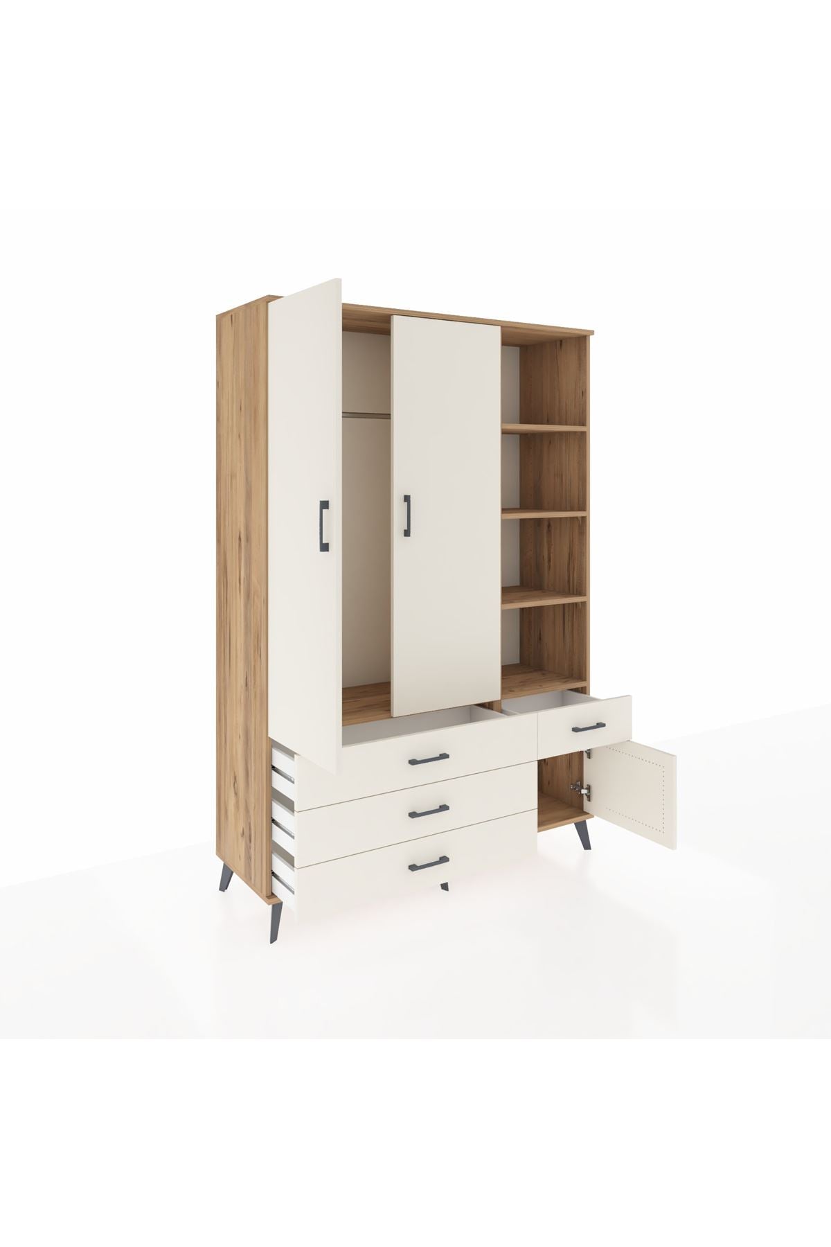 Hyperion Dolap 5 Raflı 4 Çekmeceli Tek Askılı 132x44x195 Çam-Aytaşı/Aytaşı