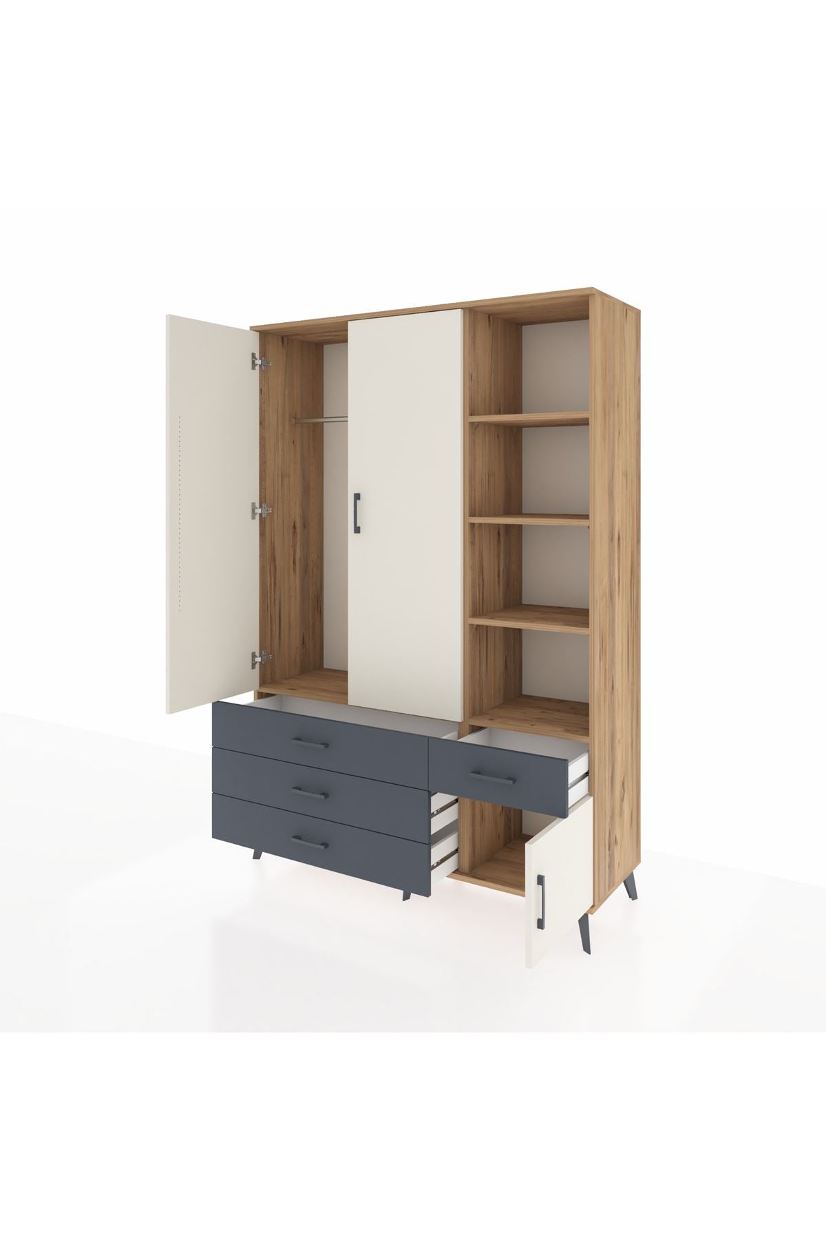 Hyperion Dolap 5 Raflı 4 Çekmeceli Tek Askılı 132x44x195 Çam-Aytaşı/Antrasit