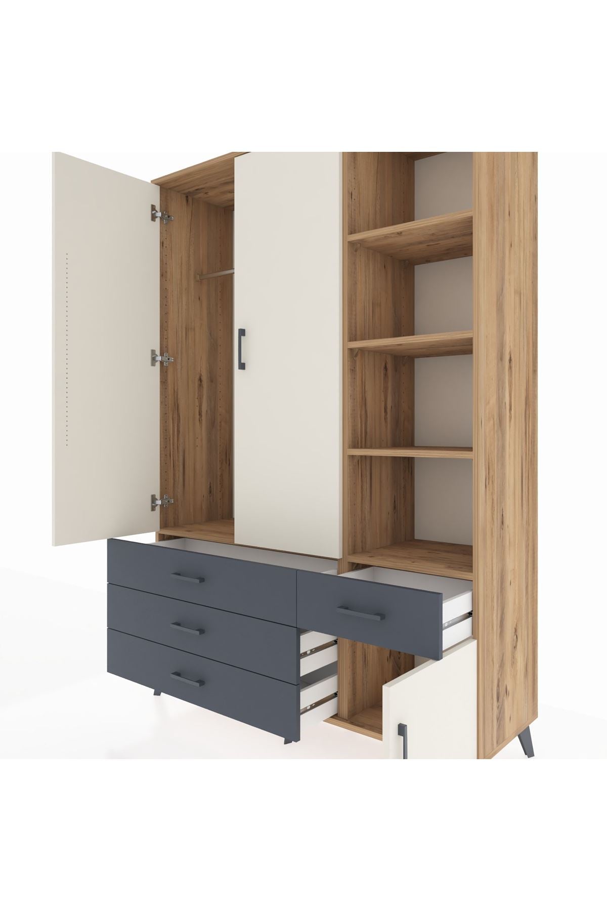 Hyperion Dolap 5 Raflı 4 Çekmeceli Tek Askılı 132x44x195 Çam-Aytaşı/Antrasit