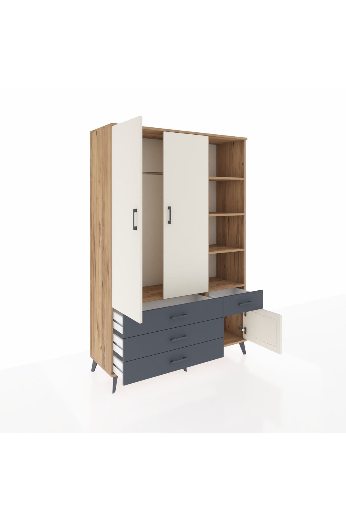 Hyperion Dolap 5 Raflı 4 Çekmeceli Tek Askılı 132x44x195 Çam-Aytaşı/Antrasit