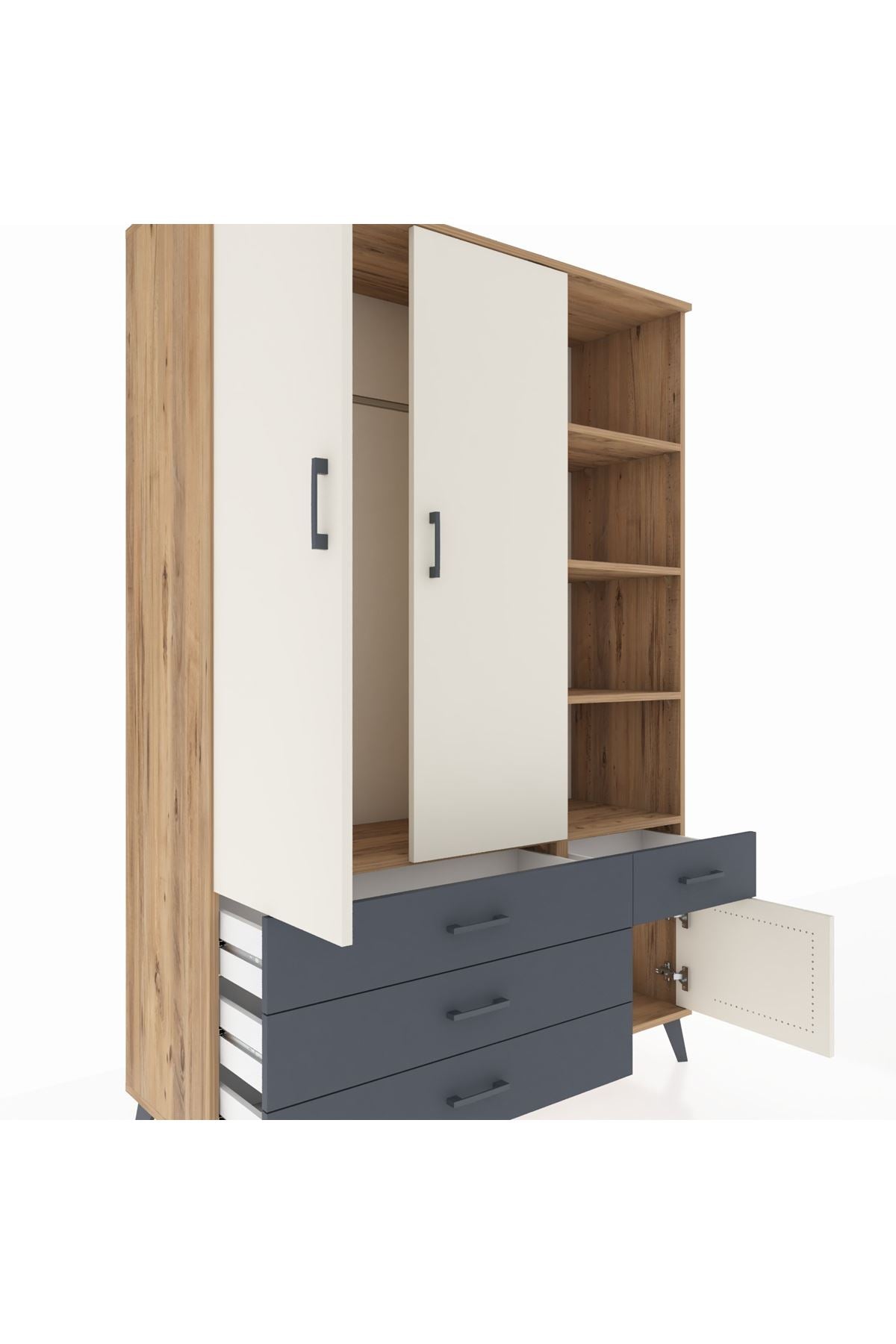Hyperion Dolap 5 Raflı 4 Çekmeceli Tek Askılı 132x44x195 Çam-Aytaşı/Antrasit