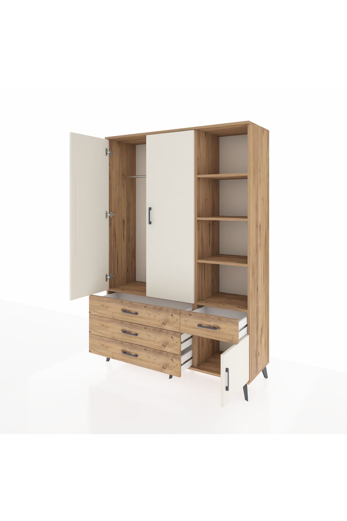 Hyperion Dolap 5 Raflı 4 Çekmeceli Tek Askılı 132x44x195 Çam-Aytaşı/Çam