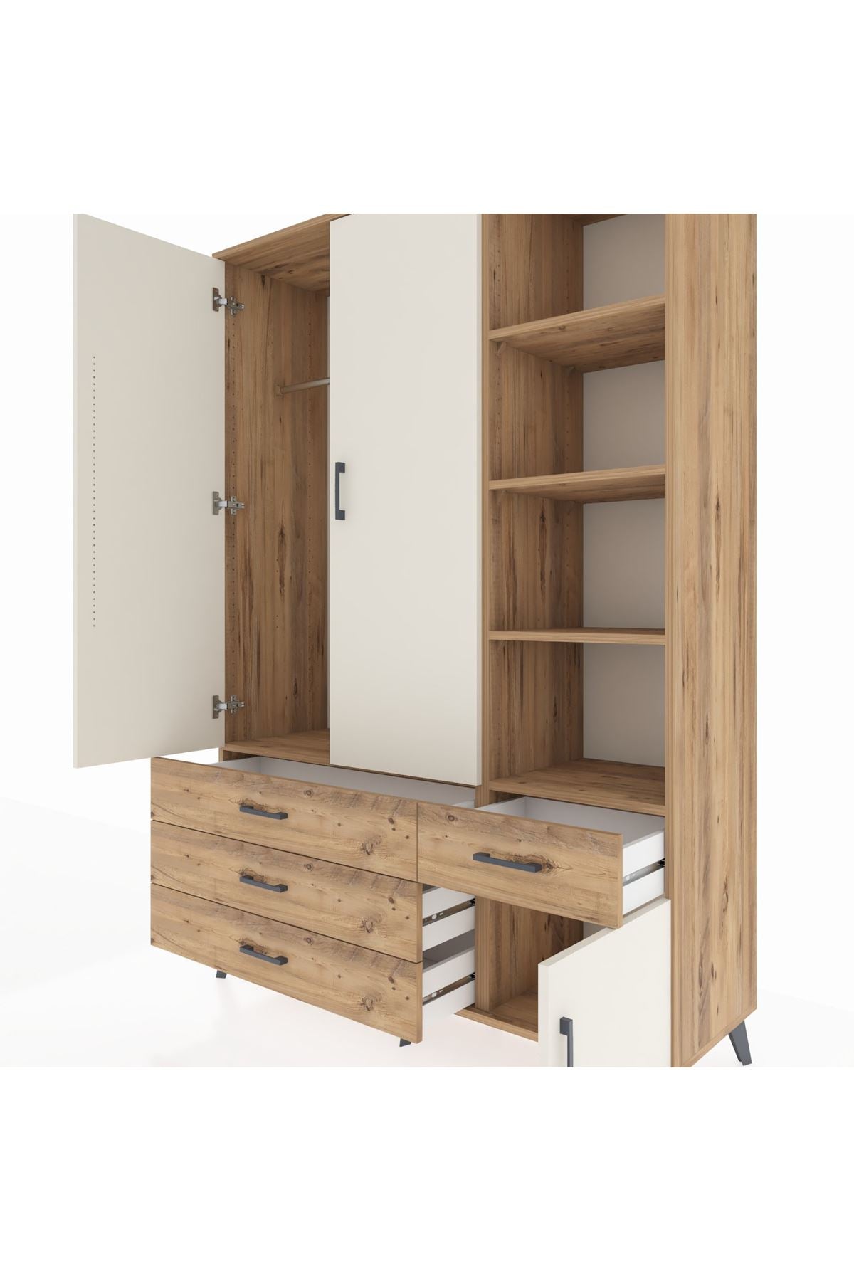 Hyperion Dolap 5 Raflı 4 Çekmeceli Tek Askılı 132x44x195 Çam-Aytaşı/Çam