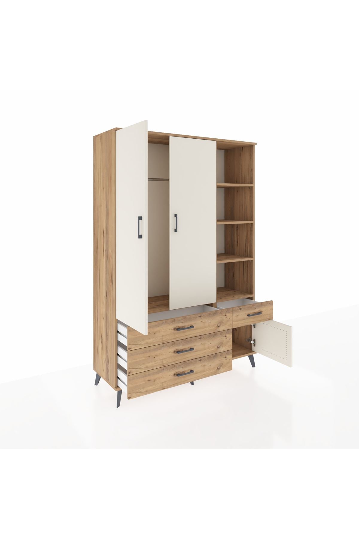 Hyperion Dolap 5 Raflı 4 Çekmeceli Tek Askılı 132x44x195 Çam-Aytaşı/Çam