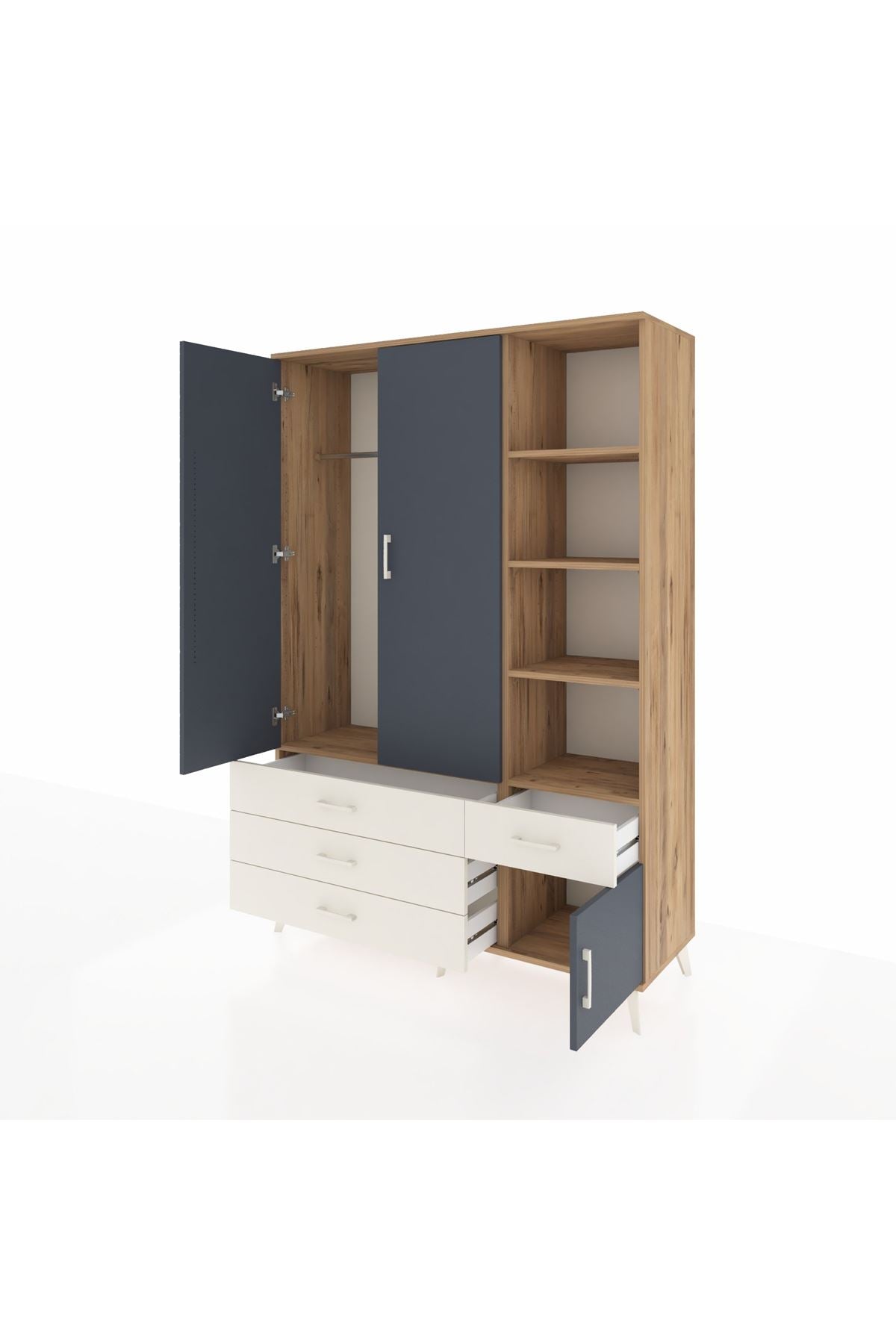 Hyperion Dolap 5 Raflı 4 Çekmeceli Tek Askılı 132x44x195 Çam-Antrasit/Aytaşı