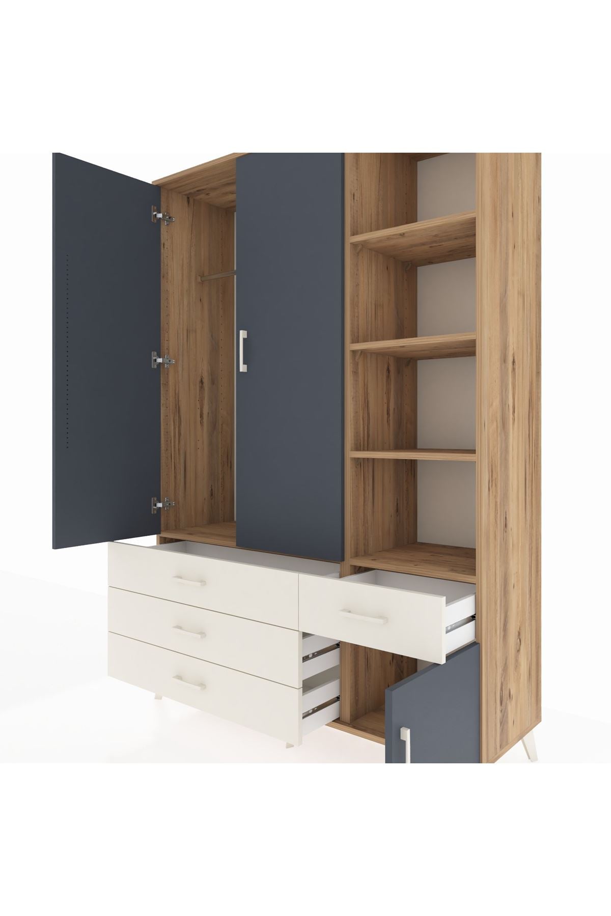 Hyperion Dolap 5 Raflı 4 Çekmeceli Tek Askılı 132x44x195 Çam-Antrasit/Aytaşı