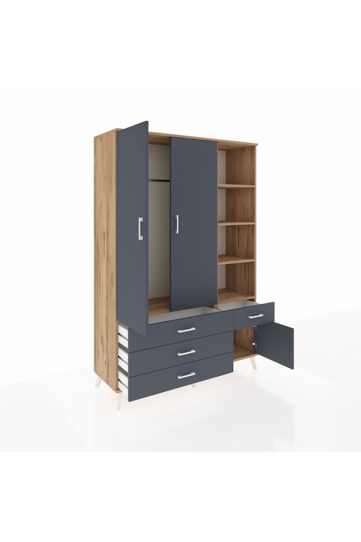 Hyperion Dolap 5 Raflı 4 Çekmeceli Tek Askılı 132x44x195 Çam-Antrasit/Antrasit