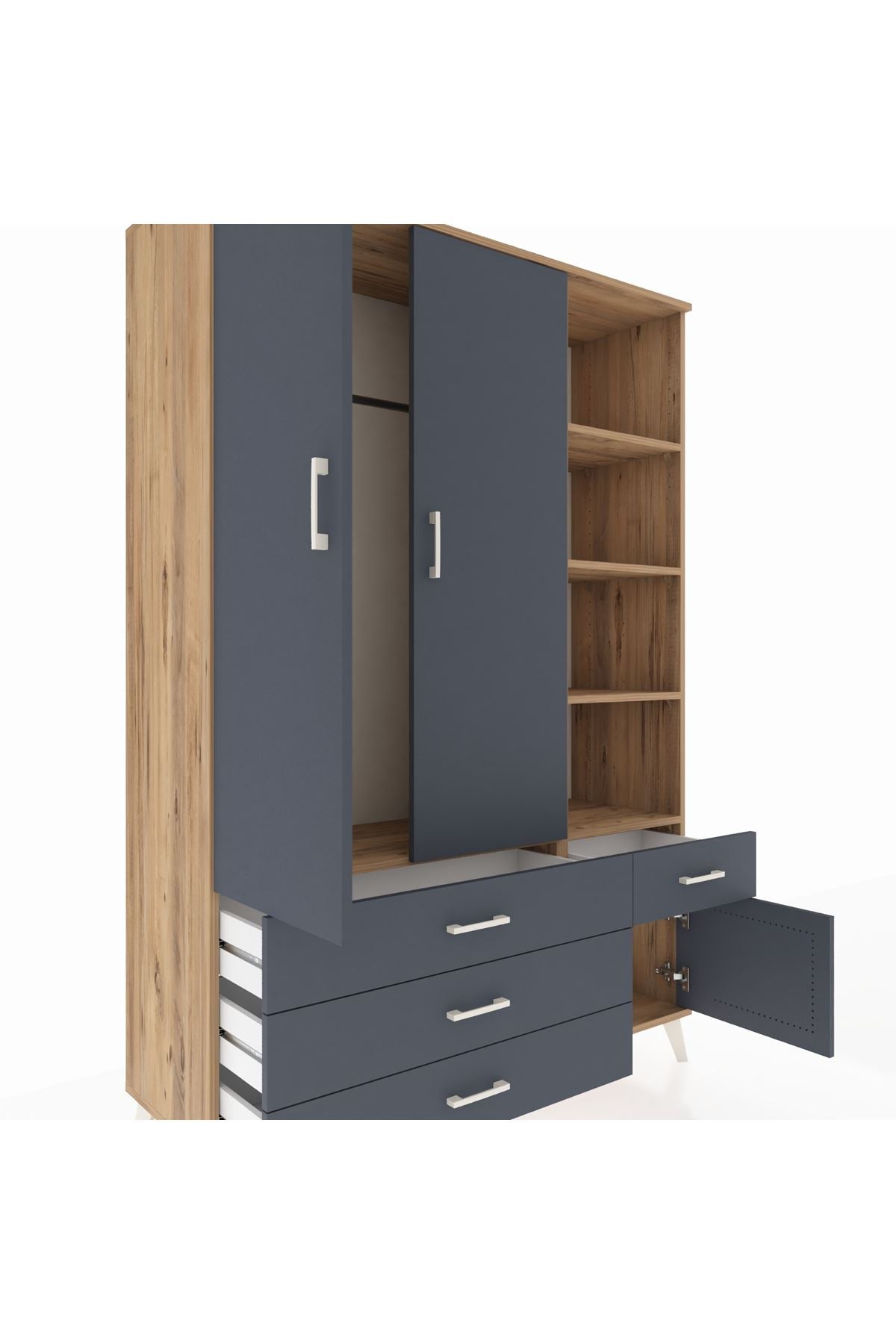 Hyperion Dolap 5 Raflı 4 Çekmeceli Tek Askılı 132x44x195 Çam-Antrasit/Antrasit