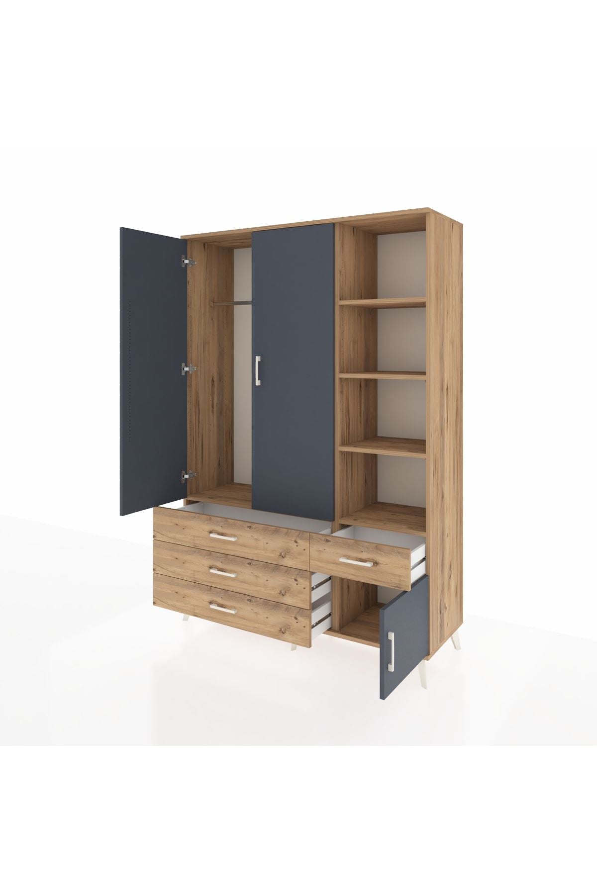 Hyperion Dolap 5 Raflı 4 Çekmeceli Tek Askılı 132x44x195 Çam-Antrasit/Çam