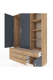 Hyperion Dolap 5 Raflı 4 Çekmeceli Tek Askılı 132x44x195 Çam-Antrasit/Çam