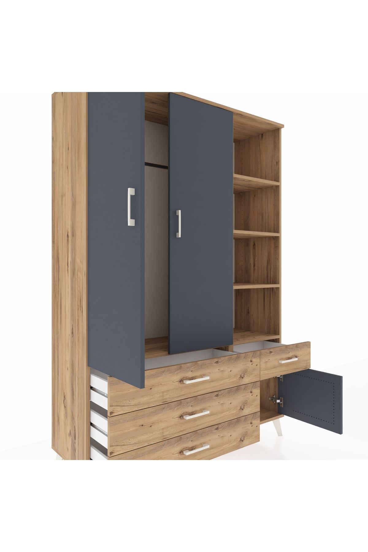 Hyperion Dolap 5 Raflı 4 Çekmeceli Tek Askılı 132x44x195 Çam-Antrasit/Çam